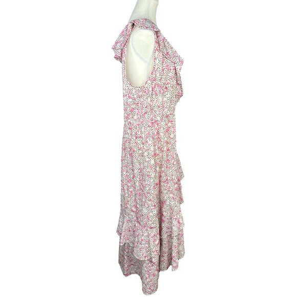 Eloquil Women's Pink Ruffled Floral Blouson‎ Crepe Asymmetric MIDI Dress 16/C44 - Picture 2 of 11